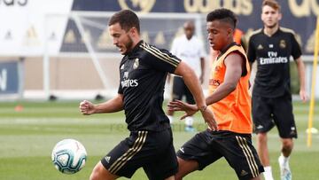 Hazard y Rodrygo, en un entrenamiento del Real Madrid.