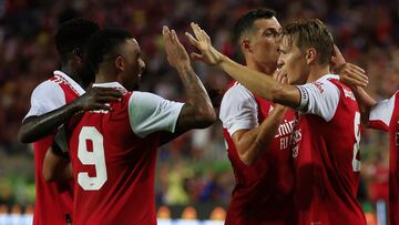 ORLANDO, FLORIDA - JULY 23: Martin Odegaard of Arsenal celebrates with teammates Gabriel Jesus and Granit�Xhaka after scoring their side's second goal during the Florida Cup match between Chelsea and Arsenal at Camping World Stadium on July 23, 2022 in Orlando, Florida. Mike Ehrmann/Getty Images/AFP
== FOR NEWSPAPERS, INTERNET, TELCOS & TELEVISION USE ONLY ==