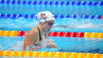 US Emma Weyant competes in a heat of the women's 400m individual medley swimming event at the Tokyo Aquatics Centre during the Tokyo 2020 Olympic Games.