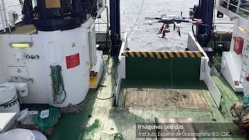 Las maniobras con dron desde el buque Ramón Margalef para tomar muestras en la isla baja