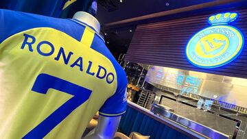 A picture shows the jersey of Al-Nassr's new Portuguese forward Cristiano Ronaldo