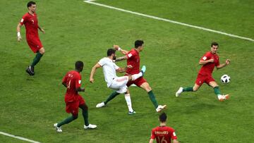 SOCHI, RUSSIA - JUNE 15: Diego Costa of Spain scores the equalising goal to make the score 1-1 during the 2018 FIFA World Cup Russia group B match between Portugal and Spain at Fisht Stadium on June 15, 2018 in Sochi, Russia. (Photo by Michael Steele/Getty Images)