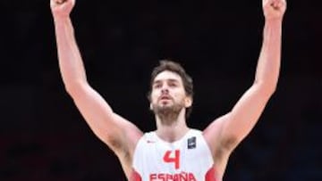 Spain's center Pau Gasol reacts after Spain defeated France in the semi-final basketball match between Spain and France at the EuroBasket 2015 in Lille, northern France, on September 17, 2015. AFP PHOTO / PHILIPPE HUGUEN