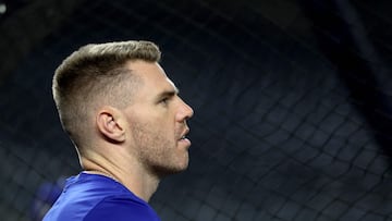 NEW YORK, NEW YORK - OCTOBER 27: Freddie Freeman #5 of the Los Angeles Dodgers stands outside of the batting cage during the World Series Workout Day at Yankee Stadium on October 27, 2024 in the Bronx borough of New York City. Elsa/Getty Images/AFP (Photo by ELSA / GETTY IMAGES NORTH AMERICA / Getty Images via AFP)