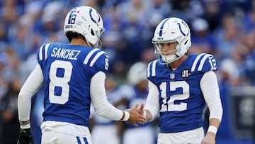 INDIANAPOLIS, INDIANA - OCTOBER 12: Michael Badgley #12 of the Indianapolis Colts celebrates kicking a field goal with Rigoberto Sanchez #8 of the Indianapolis Colts against the Arizona Cardinals during the third quarterin the game at Lucas Oil Stadium on October 12, 2025 in Indianapolis, Indiana. Andy Lyons/Getty Images/AFP (Photo by ANDY LYONS / GETTY IMAGES NORTH AMERICA / Getty Images via AFP)