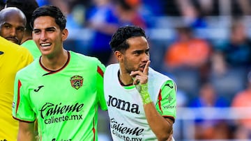 Aug 3, 2025; Cincinnati, OH, USA; FC Juarez midfielder Madson (9) reacts with defender Eder Lopez (237) after the victory over FC Cincinnati at TQL Stadium. Mandatory Credit: Katie Stratman-Imagn Images