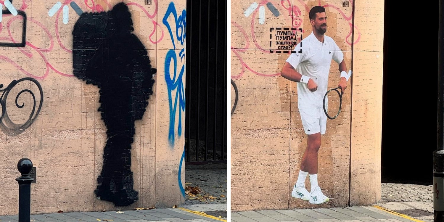 El mural de Djokovic en el centro de Belgrado, vandalizado y restaurado de nuevo.