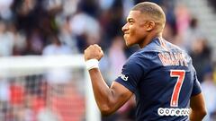 Paris Saint-Germain&#039;s French forward Kylian Mbappe celebrates after scoring a goal during the French L1 football match Paris Saint-Germain (PSG) vs Angers (SCO), on August 25, 2018 at the Parc des Princes in Paris. (Photo by Alain JOCARD / AFP)
 PUBL