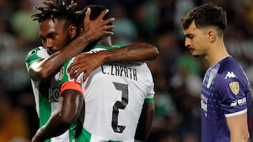 Atletico Nacional's defender Cristian Zapata (C) celebrates with a teammate next to Racing's goalkeeper Matias Tagliamonte (R) after scoring during the Copa Libertadores round of 16 first leg football match between Colombia's Atletico Nacional and Argentina's Racing Club at the Atanasio Girardot stadium in Medellin, Colombia, on August 3, 2023. (Photo by Fredy BUILES / AFP)