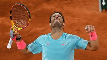 PARIS, FRANCE - OCTOBER 06: Rafael Nadal of Spain celebrates after winning match point during his Men's Singles quarterfinals match against Jannik Sinner of Italy on day ten of the 2020 French Open at Roland Garros on October 06, 2020 in Paris, France. (Photo by Shaun Botterill/Getty Images)