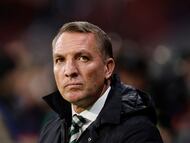 Celtic's Northern Ireland coach Brendan Rodgers is pictured during the UEFA Champions League group E football match between Club Atletico de Madrid and Celtic at the Metropolitano stadium in Madrid on November 7, 2023. (Photo by OSCAR DEL POZO / AFP)