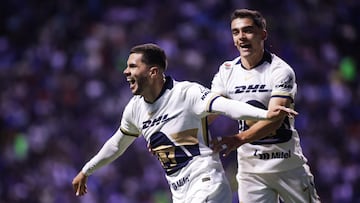 Alan Medina celebrates his goal 2-3 of Pumas during the 17th round match between Cruz Azul and Pumas UNAM as part of the Liga BBVA MX, Torneo Apertura 2025 at Cuauhtemoc Stadium, on November 08, 2025 in Puebla, Mexico.