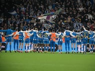 La plantilla del Deportivo celebra en Riazor la eliminación del Mallorca.