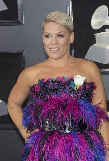 La cantante estadounidense Pink posa a su llegada al Madison Square Garden de Nueva York, para participar de la 60 edición de los Premios Grammy