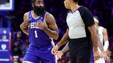 PHILADELPHIA, PENNSYLVANIA - FEBRUARY 01: James Harden #1 of the Philadelphia 76ers reacts during the third quarter against the Orlando Magic at Wells Fargo Center on February 01, 2023 in Philadelphia, Pennsylvania. NOTE TO USER: User expressly acknowledges and agrees that, by downloading and or using this photograph, User is consenting to the terms and conditions of the Getty Images License Agreement.   Tim Nwachukwu/Getty Images/AFP (Photo by Tim Nwachukwu / GETTY IMAGES NORTH AMERICA / Getty Images via AFP)