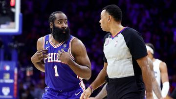 PHILADELPHIA, PENNSYLVANIA - FEBRUARY 01: James Harden #1 of the Philadelphia 76ers reacts during the third quarter against the Orlando Magic at Wells Fargo Center on February 01, 2023 in Philadelphia, Pennsylvania. NOTE TO USER: User expressly acknowledges and agrees that, by downloading and or using this photograph, User is consenting to the terms and conditions of the Getty Images License Agreement.   Tim Nwachukwu/Getty Images/AFP (Photo by Tim Nwachukwu / GETTY IMAGES NORTH AMERICA / Getty Images via AFP)