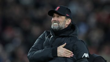 Soccer Football - Premier League - Liverpool v Manchester United - Anfield, Liverpool, Britain - April 19, 2022 Liverpool manager Juergen Klopp celebrates after the match REUTERS/Phil Noble EDITORIAL USE ONLY. No use with unauthorized audio, video, data, fixture lists, club/league logos or 'live' services. Online in-match use limited to 75 images, no video emulation. No use in betting, games or single club /league/player publications.  Please contact your account representative for further details.     TPX IMAGES OF THE DAY