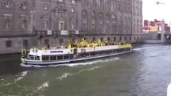 The Borussia and Bayern boats exchange chants ahead of final