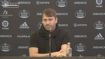 Eduardo Coudet, emocionado en su rueda de prensa de despedida del Celta de Vigo