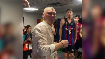 La locura del Barça en el vestuario del WiZink con Jasikevicius empapado