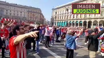 Cantan el himno del Atleti en Mil¨¢n y un fan del Inter tira de madridismo as¨ª