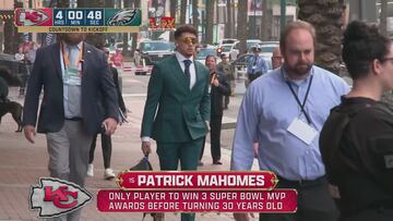 Mahomes rocks Eagles’ midnight green suit: a playful pre-Super Bowl nod to Philly