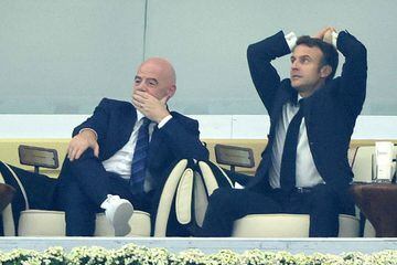 AL KHOR, QATAR - DECEMBER 14: President of France Emmanuel Macron (R) and President of FIFA Gianni Infantino attend the FIFA World Cup Qatar 2022 semi final match between France and Morocco at Al Bayt Stadium on December 14, 2022 in Al Khor, Qatar. (Photo by Jean Catuffe/Getty Images)