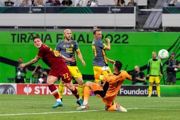 TIRANA, ALBANIA - MAY 25: Nicolo Zaniolo of AS Roma scores his team's first goal during the UEFA Conference League final match between AS Roma and Feyenoord at Arena Kombetare on May 25, 2022 in Tirana, Albania. (Photo by Andy Zuidema/NESImages/vi/DeFodi Images via Getty Images)