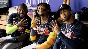 WASHINGTON, DC - SEPTEMBER 22: (L-R) Marcell Ozuna #20, Ronald Acuna Jr. #13 and Eddie Rosario #8 of the Atlanta Braves pose for a photo in the eighth inning of the game against the Washington Nationals at Nationals Park on September 22, 2023 in Washington, DC.   Greg Fiume/Getty Images/AFP (Photo by Greg Fiume / GETTY IMAGES NORTH AMERICA / Getty Images via AFP)