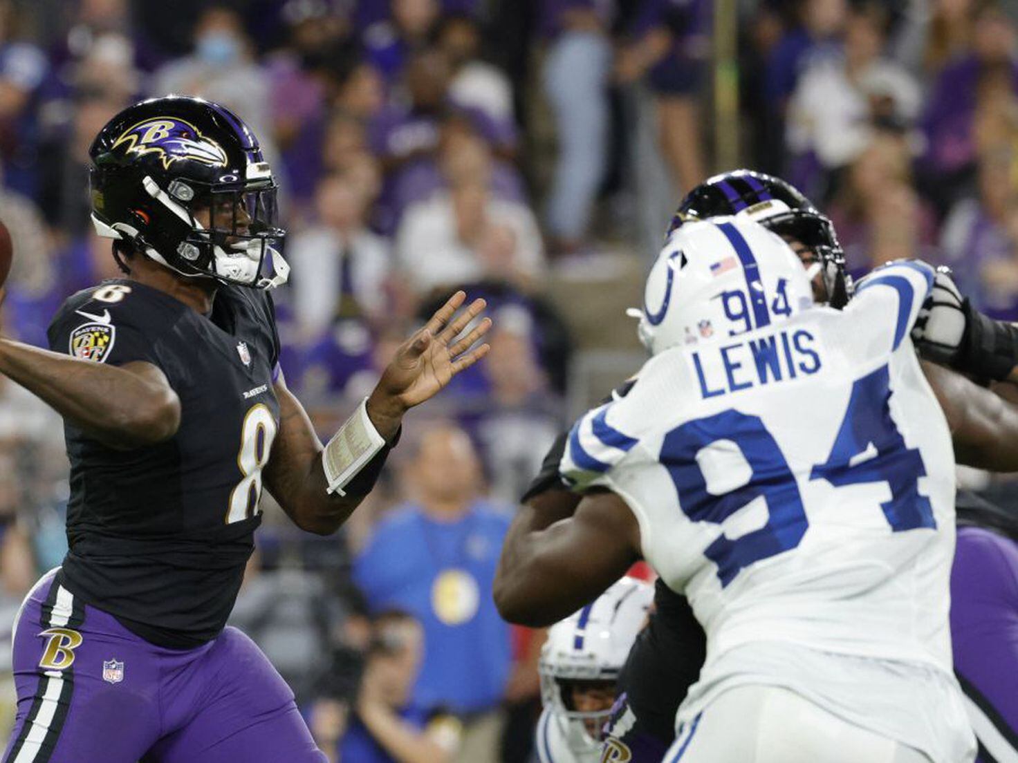 Baltimore, Maryland, October 11, 2021. Baltimore Ravens WR Marquise Brown  (5) in action during a game against the Indianapolis Colts at M&T Bank  Stadium in Baltimore, Maryland on October 11, 2021. Photo/