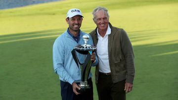 Individual winner South Africa's Charl Schwartzel of Team Stinger GC, with the LIV Golf Invitational individual trophy, and LIV Gold CEO Greg Norman, during day three of the LIV Golf Invitational Series at the Centurion Club, Hertfordshire. Picture date: Saturday June 11, 2022. (Photo by Kieran Cleeves/PA Images via Getty Images)
