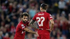 Soccer Football - Champions League - Group A - Liverpool v Ajax Amsterdam - Anfield, Liverpool, Britain - September 13, 2022  Liverpool's Mohamed Salah with Darwin Nunez Action Images via Reuters/Ed Sykes