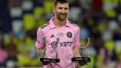 NASHVILLE, TENNESSEE - AUGUST 19: Lionel Messi #10 of Inter Miami poses with his Best Player Award and Top Scorer Award after defeating the Nashville SC to win the Leagues Cup 2023 final match between Inter Miami CF and Nashville SC at GEODIS Park on August 19, 2023 in Nashville, Tennessee.   Kevin C. Cox/Getty Images/AFP (Photo by Kevin C. Cox / GETTY IMAGES NORTH AMERICA / Getty Images via AFP)