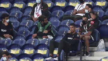 Portugal&#039;s Cristiano Ronaldo, foreground right, watches form the stands the UEFA Nations League soccer match between Portugal and Croatia at the Dragao stadium in Porto, Portugal, Saturday, Sept. 5, 2020. Ronaldo is not playing due to an injury. (AP Photo/Miguel Angelo Pereira)