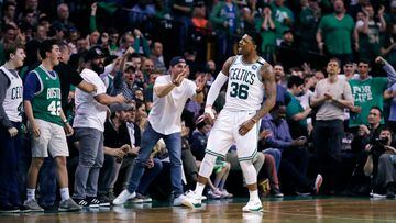 Boston Celtics guard Marcus Smart (36) celebrates a basket with fans during the second quarter of Game 7 of an NBA basketball first-round playoff series against the Milwaukee Bucks in Boston, Saturday, April 28, 2018. (AP Photo/Charles Krupa)