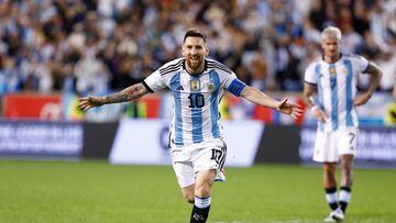Argentina's Lionel Messi celebrates his goal during during the international friendly football match between Argentina and Jamaica at Red Bull Arena in Harrison, New Jersey, on September 27, 2022. (Photo by Andres Kudacki / AFP)