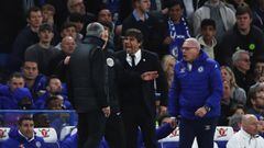 LONDON, ENGLAND - MARCH 13:  Fourth official Mike Jones intervenes as Jose Mourinho manager of Manchester United and Antonio Conte manager of Chelsea clash during The Emirates FA Cup Quarter-Final match between Chelsea and Manchester United at Stamford Bridge on March 13, 2017 in London, England.  (Photo by Julian Finney/Getty Images)