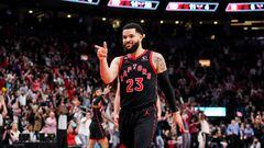 TORONTO, ON - APRIL 12: Fred VanVleet #23 of the Toronto Raptors reacts after hitting a three point shot at the end of the second quarter against the Chicago Bulls during the 2023 Play-In Tournament at the Scotiabank Arena on April 12, 2023 in Toronto, Ontario, Canada. NOTE TO USER: User expressly acknowledges and agrees that, by downloading and/or using this Photograph, user is consenting to the terms and conditions of the Getty Images License Agreement.   Andrew Lahodynskyj/Getty Images/AFP (Photo by Andrew Lahodynskyj / GETTY IMAGES NORTH AMERICA / Getty Images via AFP)