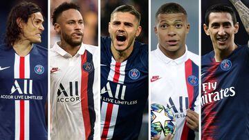 Cavani, Neymar, Icardi, Mbapp&eacute; y Di Mar&iacute;a, los delanteros del PSG.