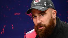Travis Kelce of the Kansas City Chiefs speaks during Super Bowl LVIII Opening Night at Allegiant Stadium in Las Vegas, Nevada on February 5, 2024. (Photo by Patrick T. Fallon / AFP)
