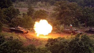 Bulgarian army tanks fire during "Defensive Shield - 2023" military exercises at Novo Selo military grounds, Bulgaria, May  29, 2023. Formations of the Bulgarian army, the U.S. Armed Forces and the Italian armed forces take part of multinational exercises under the collective name "Defender - 2023" led by the U.S. Army Europe and Africa Command. REUTERS/Stoyan Nenov