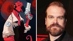 "Hellboy" en cómic y el actor David Harbour que le interpreta en "Hellboy: Rise of the Blood Queen"