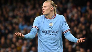 Manchester City's Norwegian striker Erling Haaland gestures during the English FA Cup quarter-final football match between Manchester City and Burnley at the Etihad Stadium in Manchester, north-west England, on March 18, 2023. (Photo by Oli SCARFF / AFP) / RESTRICTED TO EDITORIAL USE. No use with unauthorized audio, video, data, fixture lists, club/league logos or 'live' services. Online in-match use limited to 120 images. An additional 40 images may be used in extra time. No video emulation. Social media in-match use limited to 120 images. An additional 40 images may be used in extra time. No use in betting publications, games or single club/league/player publications. /  (Photo by OLI SCARFF/AFP via Getty Images)