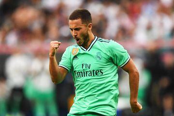 Real Madrid's Eden Hazard celebrates after scoring the 1-0 lead during the friendly soccer match between FC Red Bull Salzburg and Real Madrid in Salzburg, Austria, 07 August 2019.