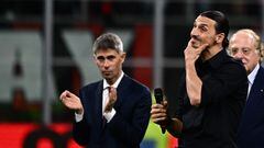 AC Milan's Swedish forward Zlatan Ibrahimovic reacts during a farewell ceremony following the Italian Serie A football match between AC Milan and Hellas Verona on June 4, 2023 at the San Siro stadium in Milan. Zlatan Ibrahimovic's time at AC Milan is coming to an end after the Serie A club announced on June 3 that he would say his farewells following their last match of the season against Verona. (Photo by GABRIEL BOUYS / AFP)
