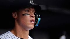 NEW YORK, NY - APRIL 15: Aaron Judge #99 of the New York Yankees looks on in the dugout during the game between the Minnesota Twins and the New York Yankees at Yankee Stadium on Saturday, April 15, 2023 in New York, New York. (Photo by Daniel Shirey/MLB Photos via Getty Images)