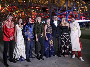BEIJING, CHINA - OCTOBER 01:  (L-R) Alexander Zverev of Germany, Zhang Shuai of China, Rafael Nadal of Spain,  Maria Sharapova of Russia, Jelena Ostapenko of Latvia; Martin Del Potro of Argentina, Petra Kvitova of Czech Republic and Grigor Dimitrov of Bulgaria poses for a picture front of the National Stadium before the 2017 China Open Player Party on October 1, 2017 in Beijing, China.  (Photo by Lintao Zhang/Getty Images) ***BESTPIX***