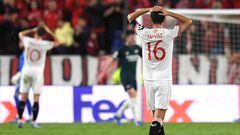 Sevilla's Spanish midfielder #16 Jesus Navas reacts during the UEFA Champions League 1st round day 3 Group B football match between Sevilla FC and Arsenal at the Ramon Sanchez Pizjuan stadium in Seville on October 24, 2023. (Photo by JORGE GUERRERO / AFP)