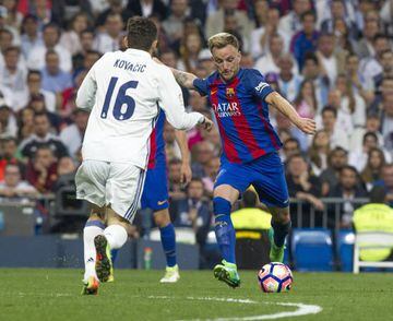 Ivan Rakitic pulls his left foot back before giving Barcelona the lead late on.