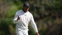 PACIFIC PALISADES, CALIFORNIA - FEBRUARY 15: Tiger Woods of the United States reacts on the 13th green during the first round of The Genesis Invitational at Riviera Country Club on February 15, 2024 in Pacific Palisades, California.   Michael Owens/Getty Images/AFP (Photo by Michael Owens / GETTY IMAGES NORTH AMERICA / Getty Images via AFP)